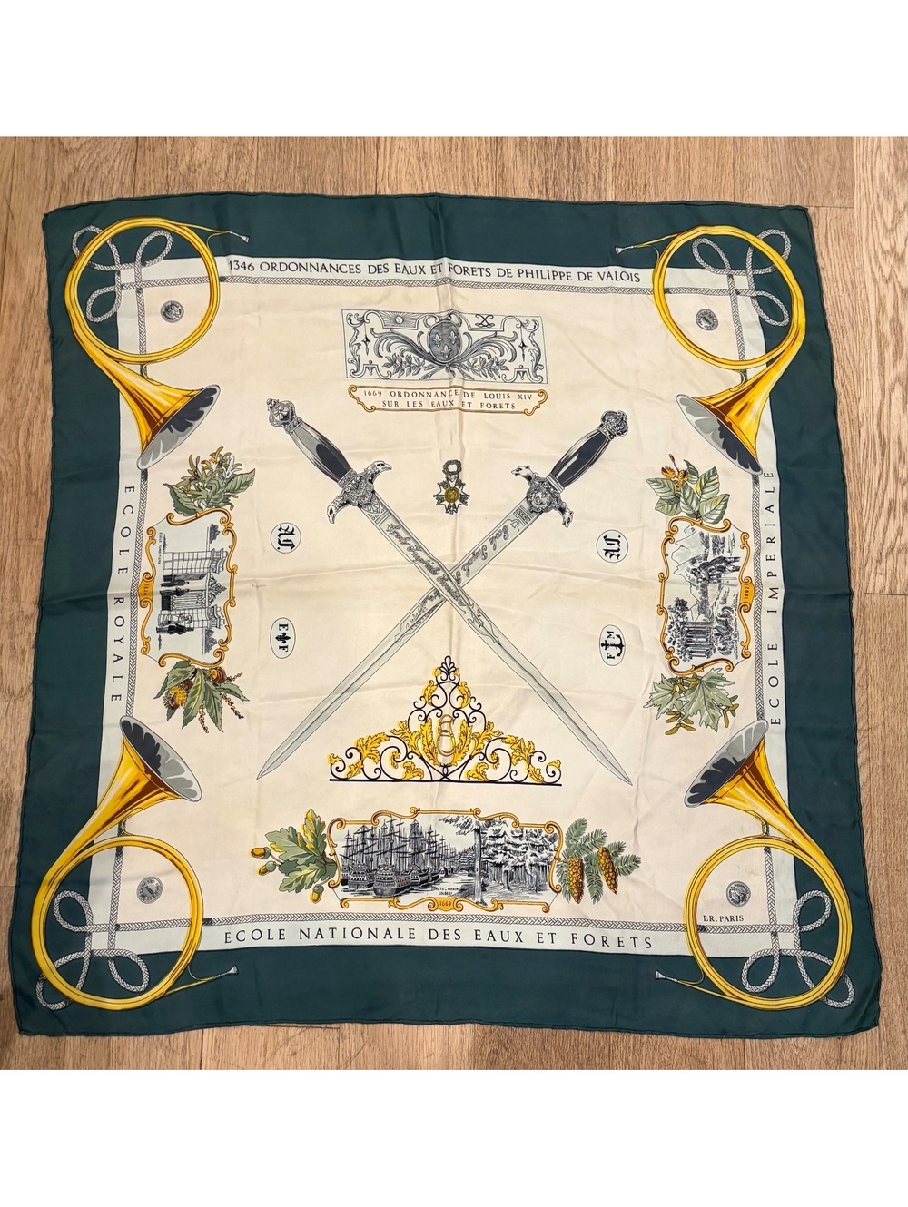 LR Paris Vintage Silk Scarf with Historical French Forest School Design RARE